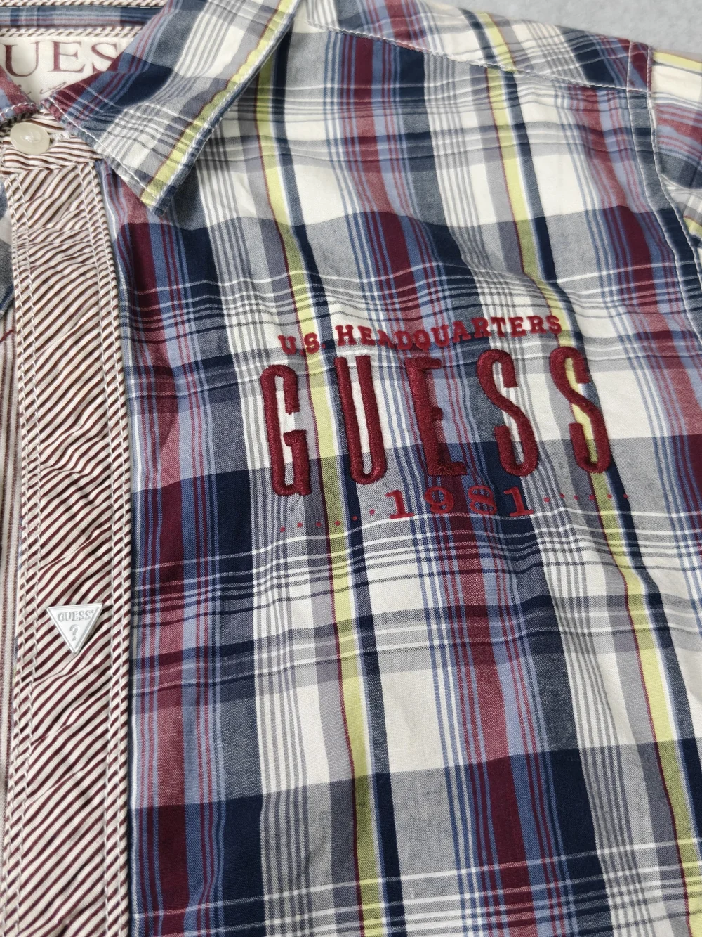 Guess Boys Plaid Button-Up Shirt in Navy, Red & White
